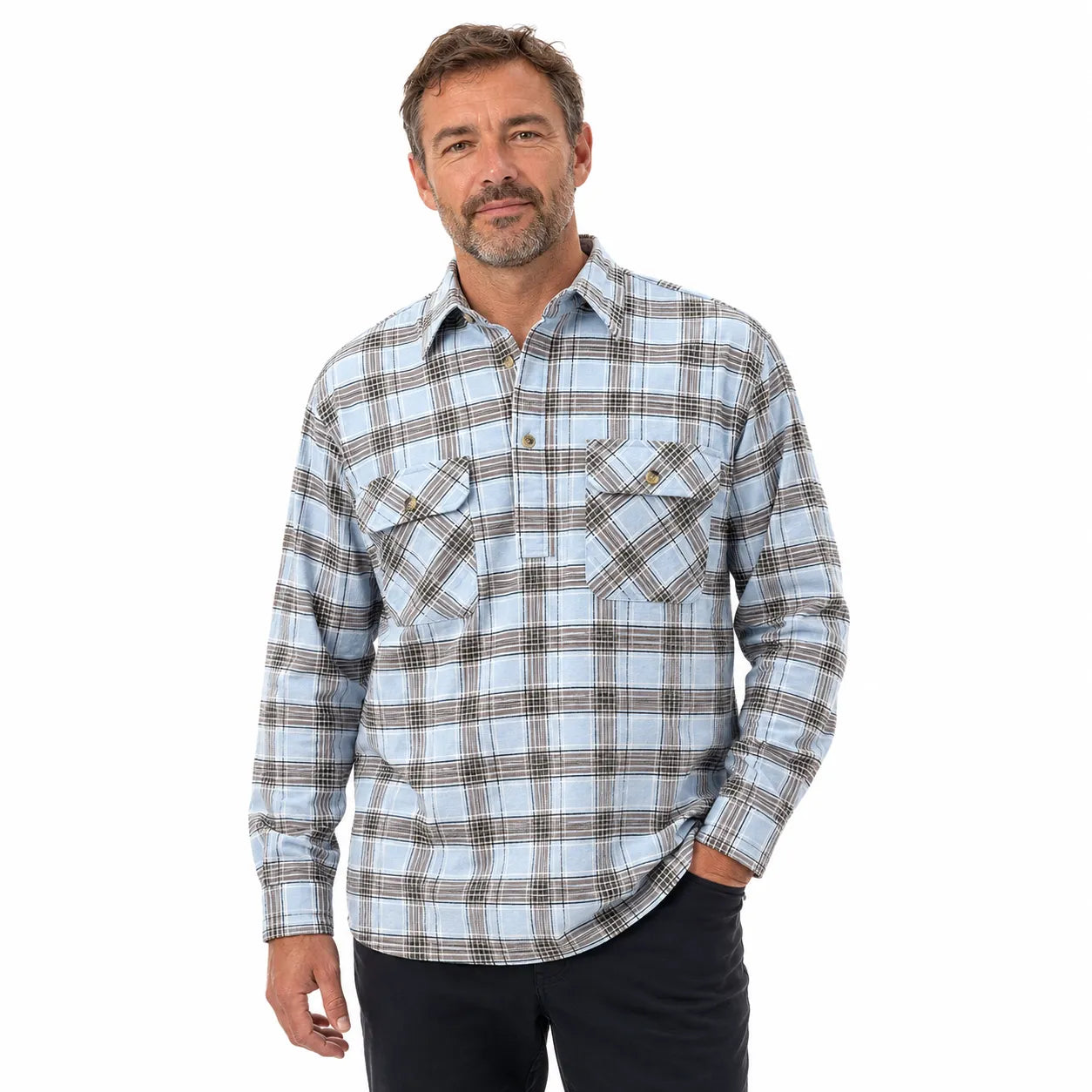 Mens Flannelette Long Sleeve Pullover Shirt 100% Cotton Flannel - Half Placket - Sky Blue/Grey Check