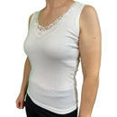 Ladies Sleeveless Singlet Top Womens Summer Basic Tank Shirt Lace Motif Front - Natural