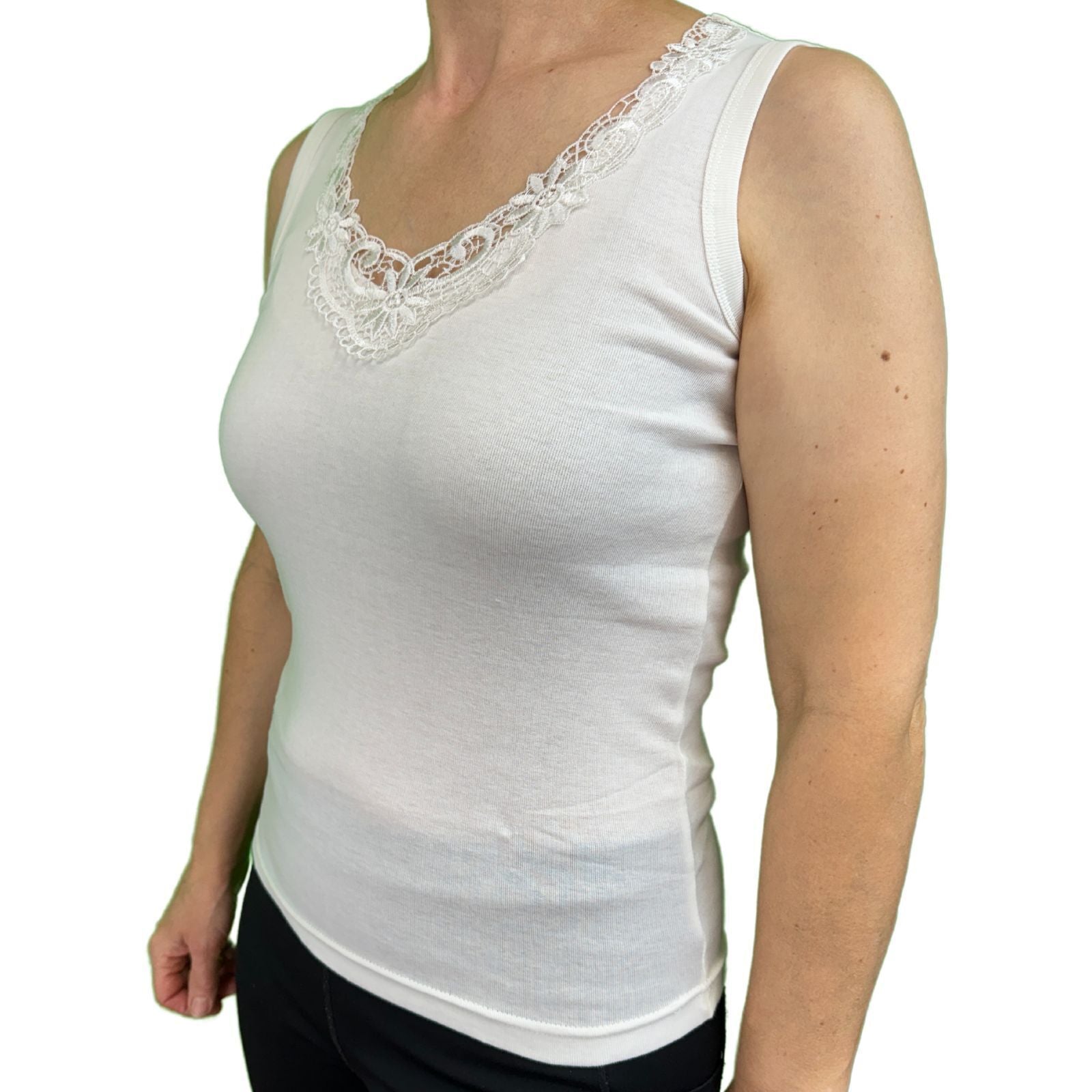 Ladies Sleeveless Singlet Top Womens Summer Basic Tank Shirt Lace Motif Front - Natural