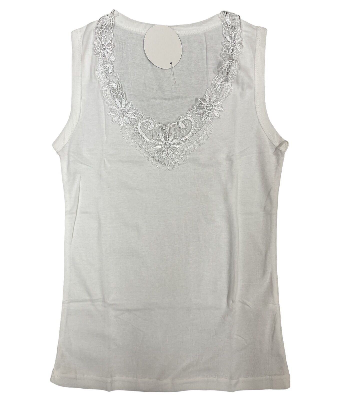 Ladies Sleeveless Singlet Top Womens Summer Basic Tank Shirt Lace Motif Front - Natural