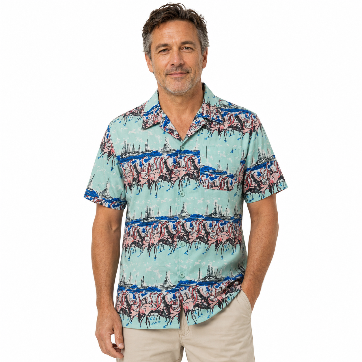 Mens Oahu Hawaiian Party Shirt Button Hippie Tops Short Sleeve Beach Holiday - Flamingo On Shore