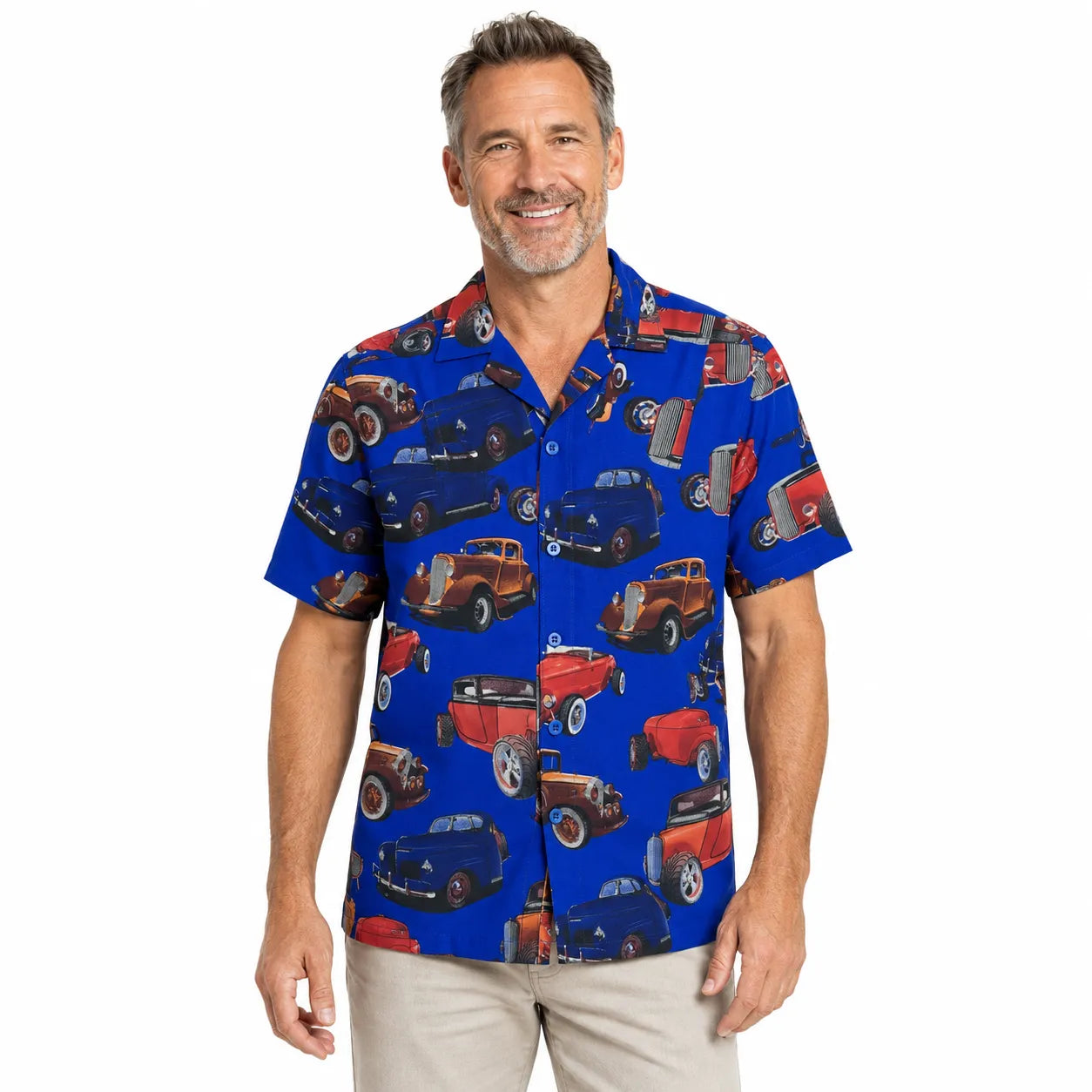 Mens Oahu Hawaiian Party Shirt Button Hippie Tops Short Sleeve Beach Holiday - Vintage Car