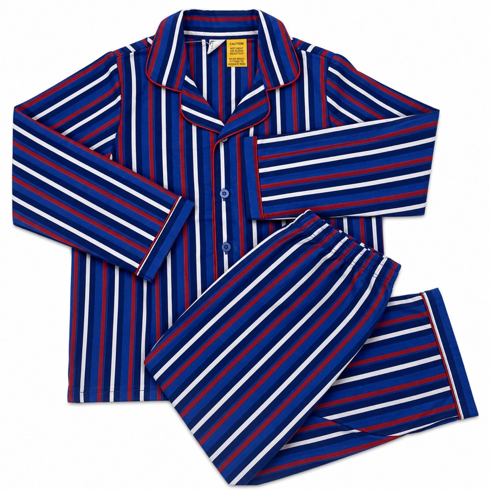 Kids Flannelette Pyjamas 100% Cotton Winter PJ Set - Blue/Navy/White/Red Stripe