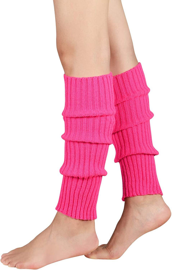 Pair of Womens Leg Warmers Disco Winter Knit Dance Party Crochet Legging Socks Costume - Hot Pink