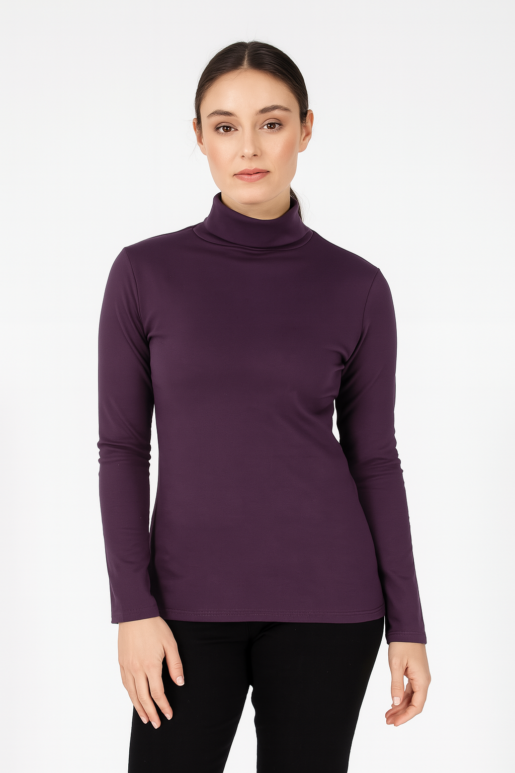 Ladies SKIVVY Womens Long Sleeve Plain Top Warm Turtleneck Cotton High Neck - Plum - X-Small