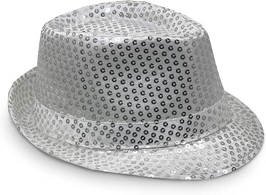 SEQUIN HAT Trilby Fedora Glitter Cap Costume Dance Party - Silver