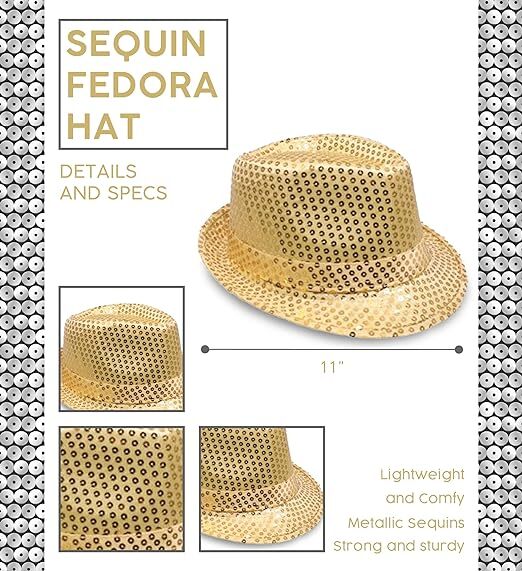 SEQUIN HAT Trilby Fedora Glitter Cap Costume Dance Party - Yellow/Gold