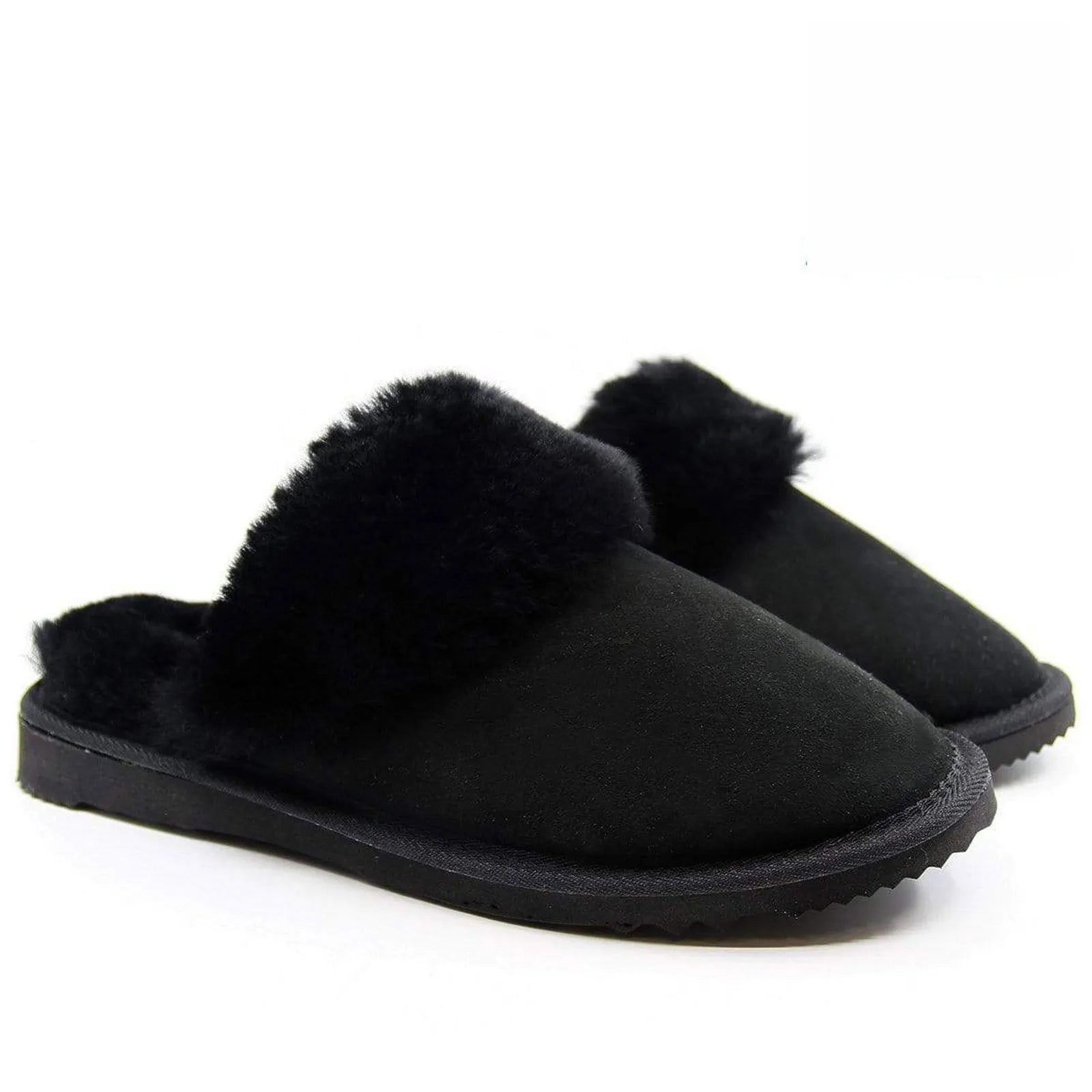 Sheepskin Wool Womens Slippers Scuffs Slip On Winter Ugg Slippers in Black