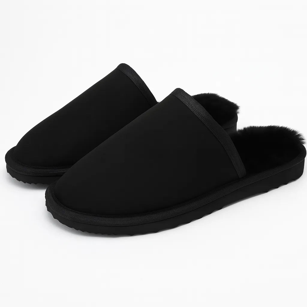 Sheepskin Wool Unisex Slippers Scuffs Slip On Winter Ugg Slippers in Black