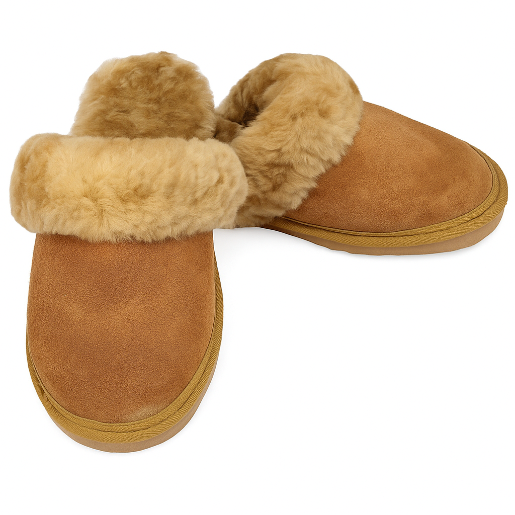 Sheepskin Wool Womens Slippers Scuffs Slip On Winter Ugg Slippers in Chestnut