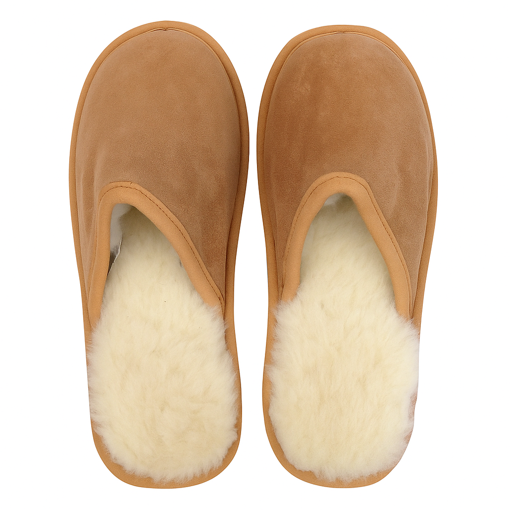 Sheepskin Wool Unisex Slippers Scuffs Slip On Winter Ugg Slippers in Chestnut