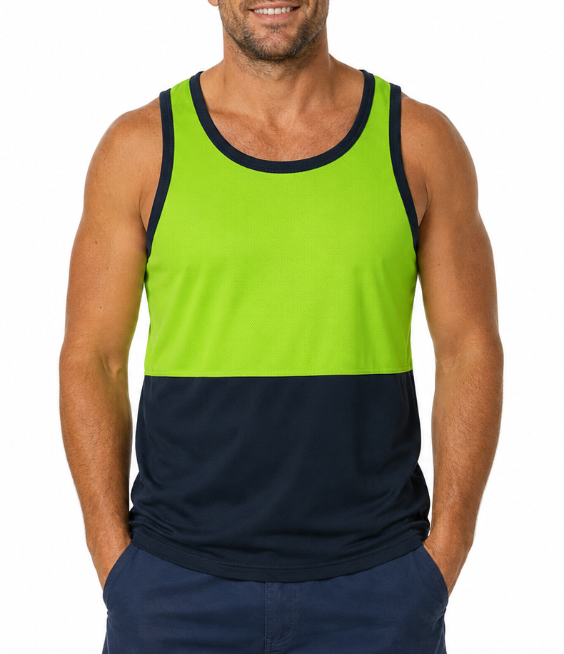 Hi Vis SINGLET Work Wear Safety Tank Top Fluro Micro Mesh UPF50+ High Visibility - Lime