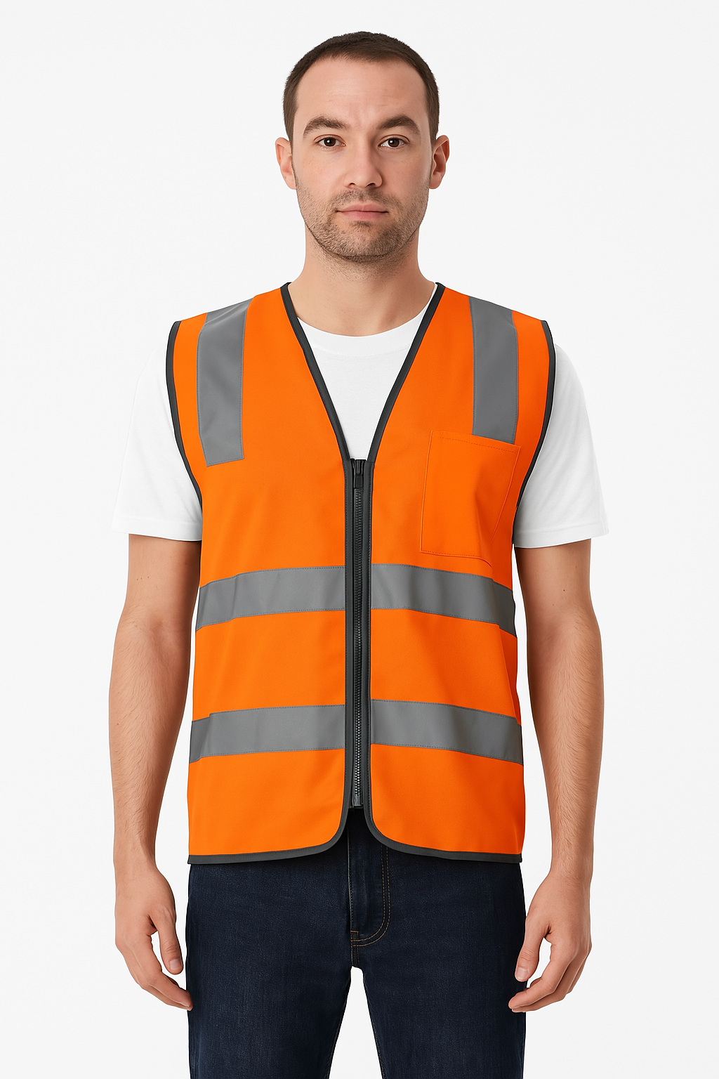 Hi Vis Safety Vest Reflective Tape Zip Up Workwear Pocket High Visibility in Orange
