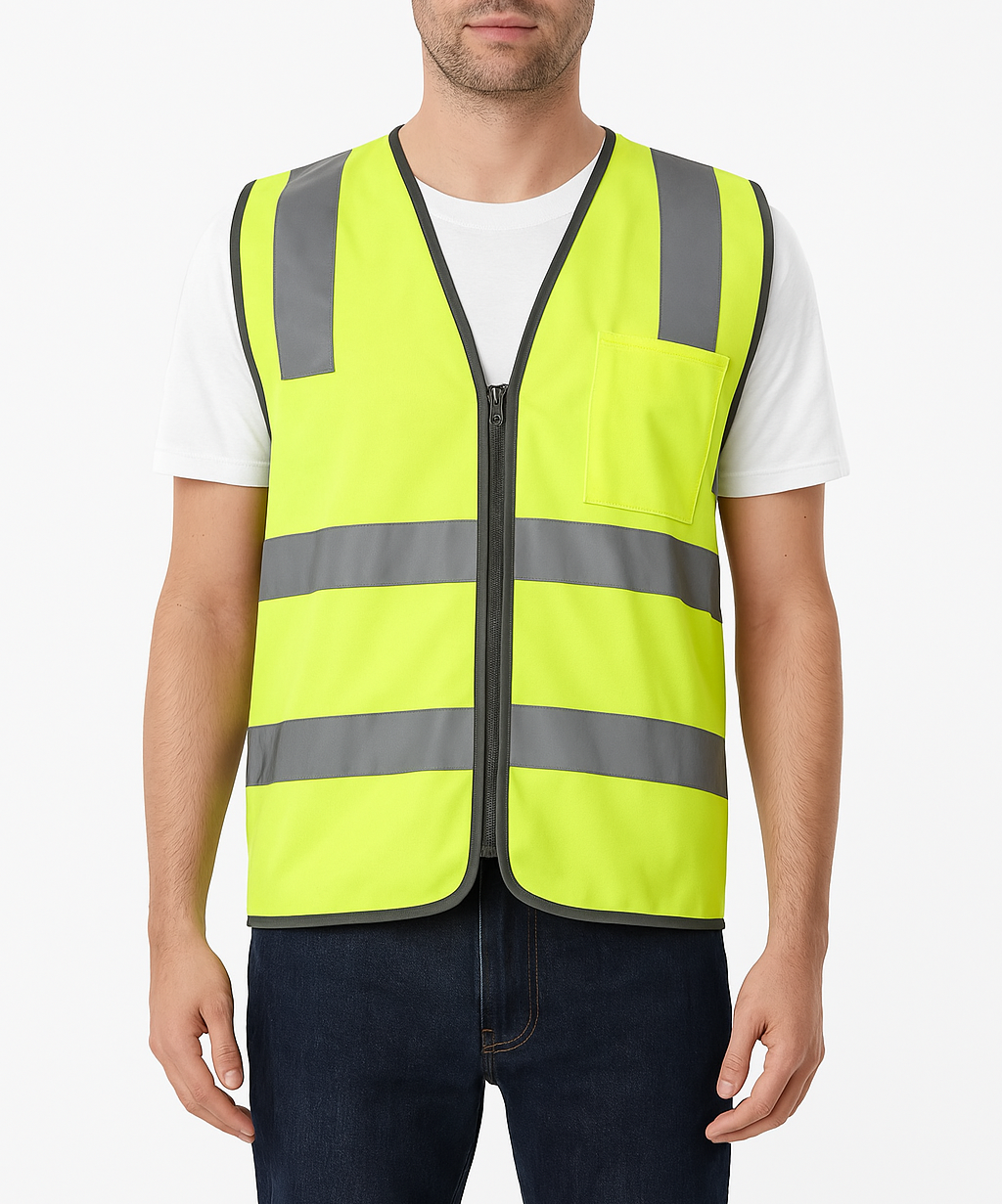 Hi Vis Safety Vest Reflective Tape Zip Up Workwear Pocket High Visibility in Yellow