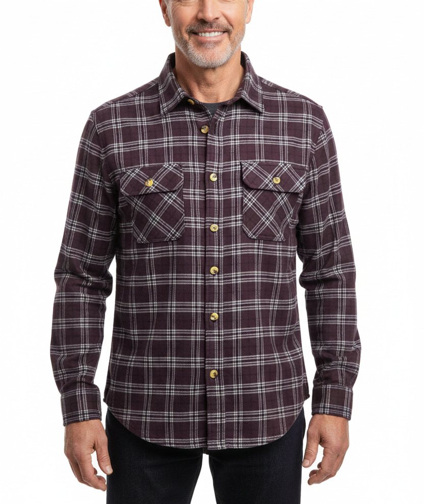 Mens Flannelette Shirt 100% Cotton Check Flannel Long Sleeve - Burgundy