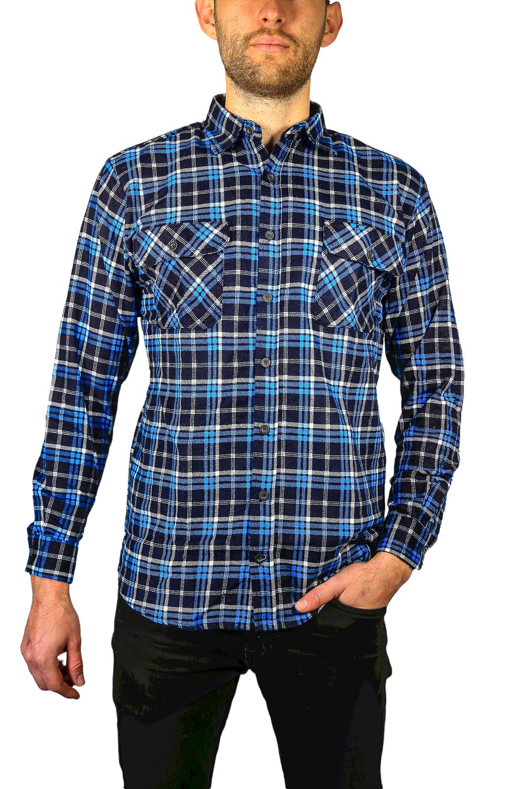 Mens Flannelette Long Sleeve Shirt 100% Cotton Check Authentic Flannel - Full Placket - Turquoise/Black