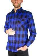 Mens Flannelette Long Sleeve Shirt 100% Cotton Check Authentic Flannel - Full Placket - Royal Blue