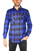 Mens Flannelette Long Sleeve Shirt 100% Cotton Check Authentic Flannel - Full Placket - Royal Blue
