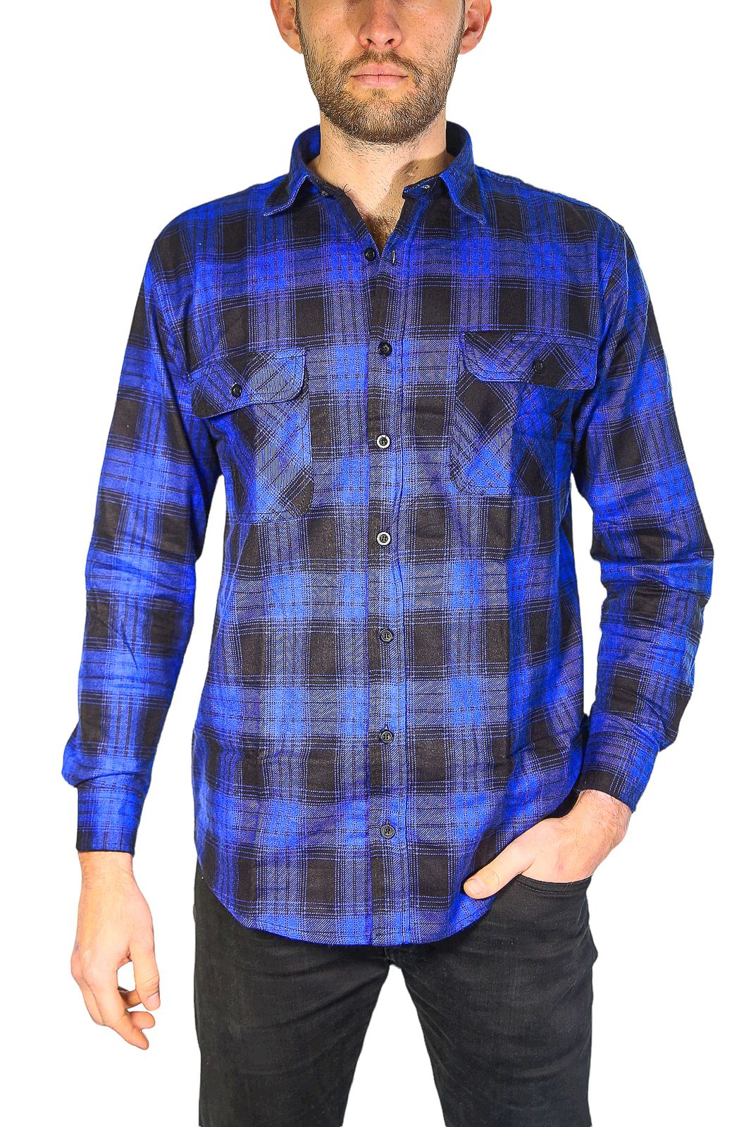 Mens Flannelette Long Sleeve Shirt 100% Cotton Check Authentic Flannel - Full Placket - Royal Blue
