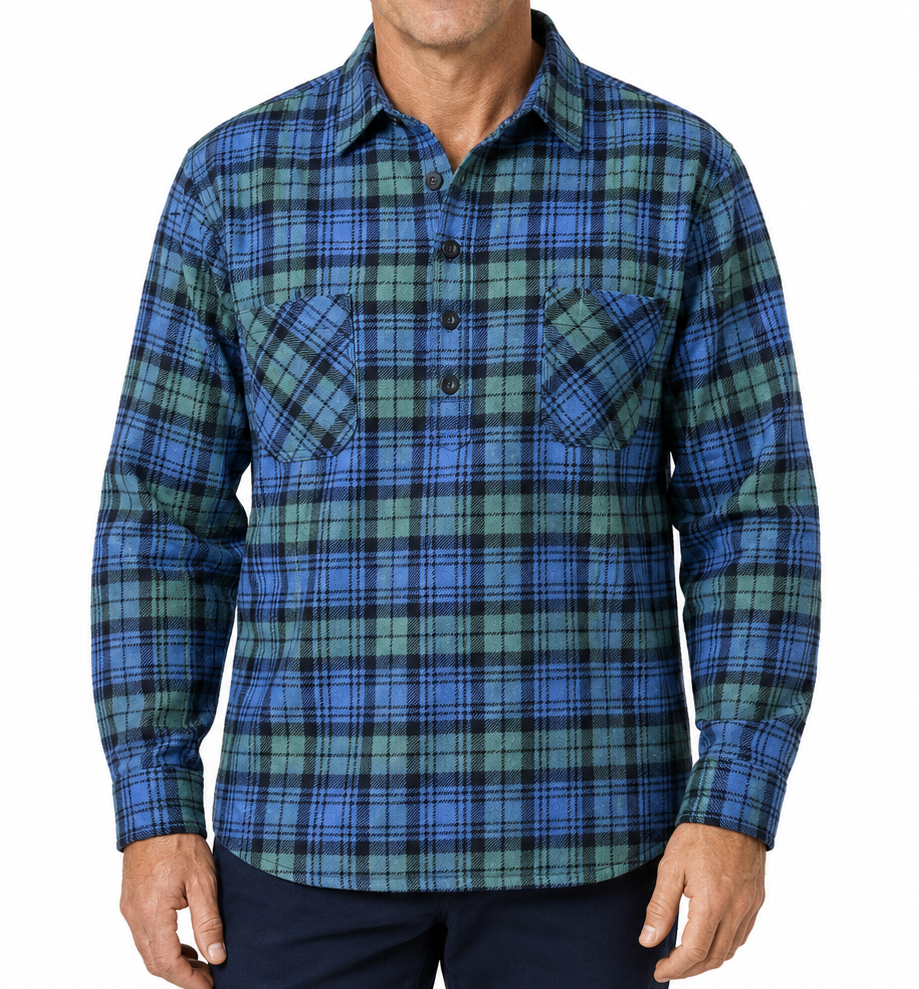 Mens Flannelette Long Sleeve Shirt 100% Cotton Authentic Flannel - Half Placket - Purple/Green