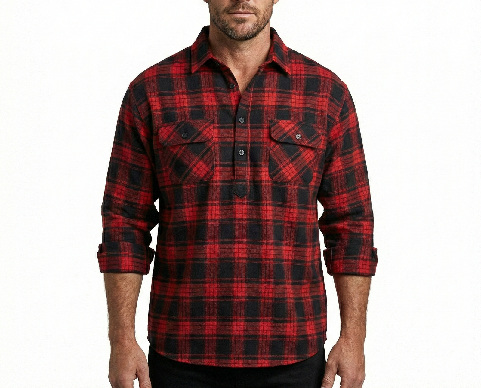 Mens Flannelette Long Sleeve Shirt 100% Cotton Authentic Flannel - Half Placket - Red