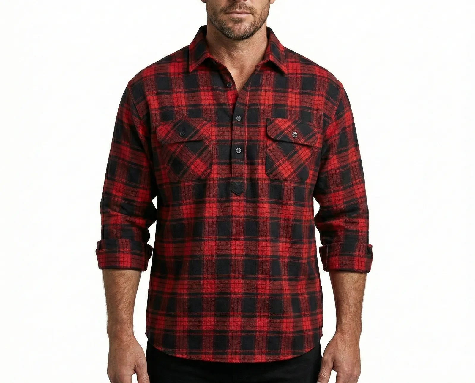 Mens Flannelette Long Sleeve Shirt 100% Cotton Authentic Flannel - Half Placket - Red