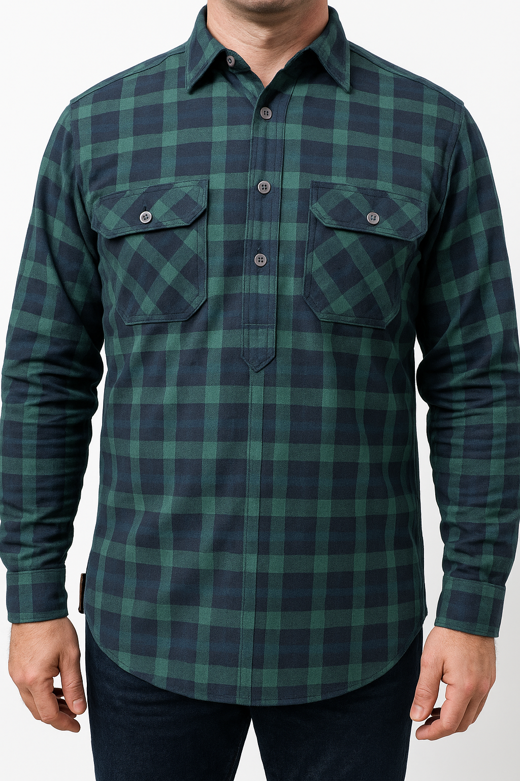 Mens Flannelette Long Sleeve Pullover Shirt 100% Cotton Flannel - Half Placket - Green/Navy