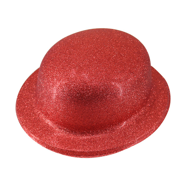 GLITTER BOWLER HAT Fancy Party Plastic Costume Cap Fun Dress Up Sparkle - Red