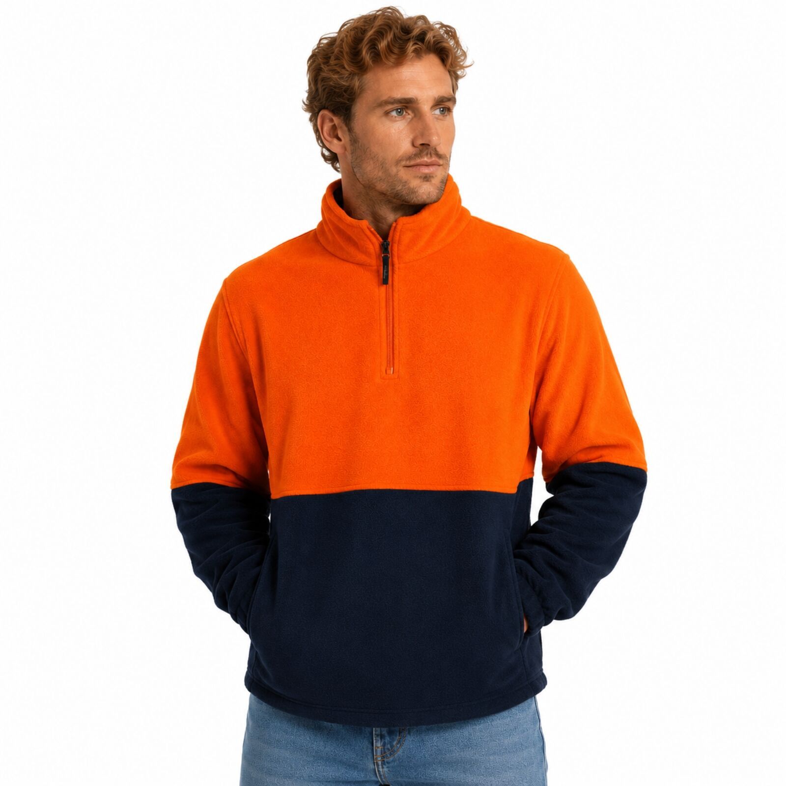 Hi Vis Polar Fleece Jumper Half Zip Safety Workwear Jacket Unisex - Orange