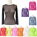 3x Womens Fishnet Mesh Tops Long Sleeve Sheer Stretch Costume - Assorted Pack