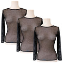 3x Womens Fishnet Mesh Top Long Sleeve Sheer Stretch See Through Costume - Black
