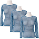3x Womens Fishnet Mesh Top Long Sleeve Sheer Stretch See Through Costume - Blue