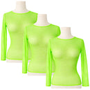 3x Womens Fishnet Mesh Tops Long Sleeve Sheer Stretch See Through - Fluro Green