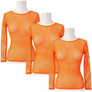 3x Womens Fishnet Mesh Tops Long Sleeve Sheer Stretch See Through - Fluro Orange