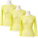3x Womens Fishnet Mesh Tops Long Sleeve Sheer Stretch See Through - Fluro Yellow