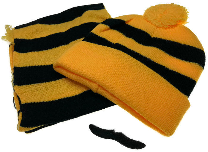 Tigers Beanie Hat & Scarf Set Party Costume w Moustache Warm Winter - Black/Yellow Stripe