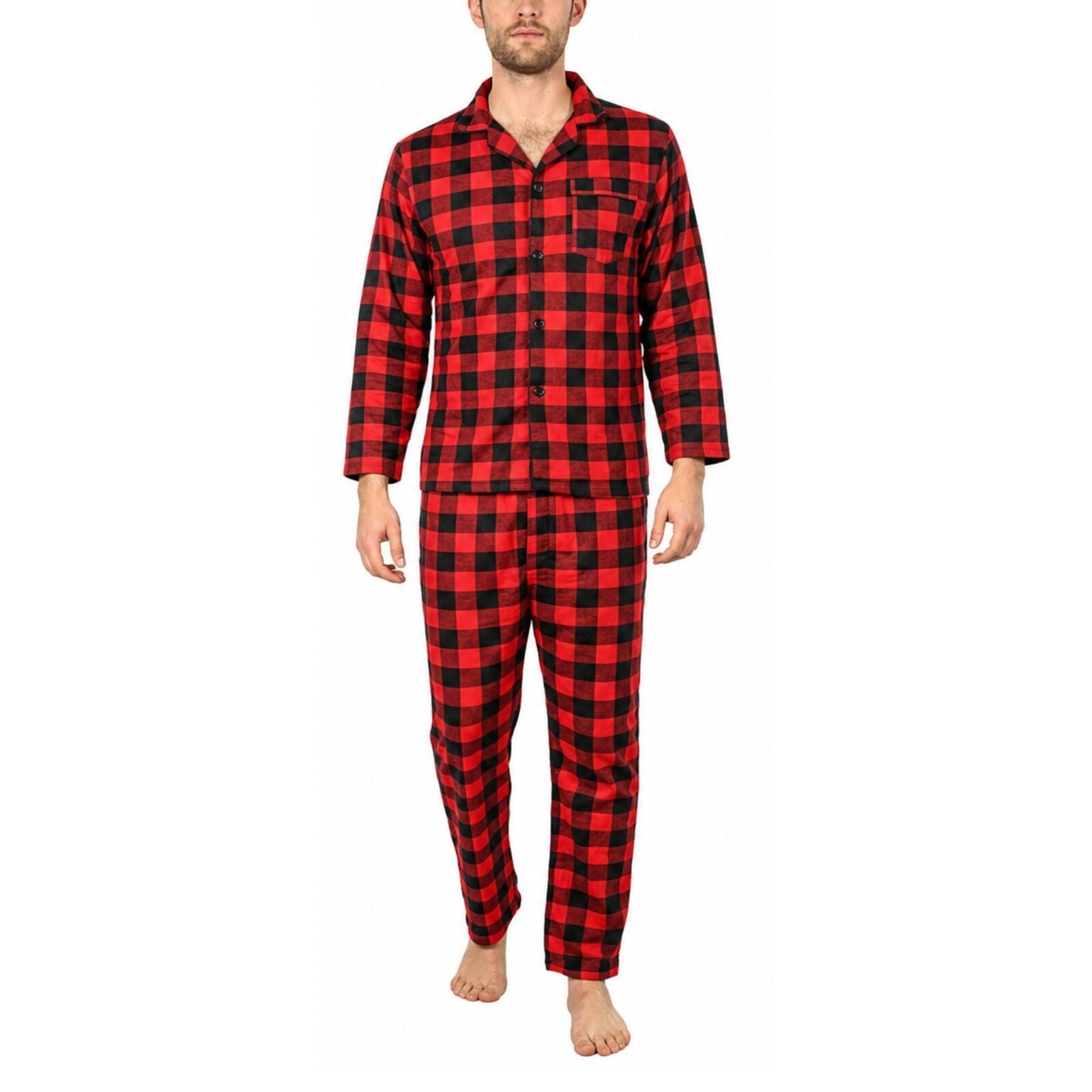 Mens Flannelette Pyjama Set 100% Cotton Long Sleeve Pants Soft Warm PJs - Red