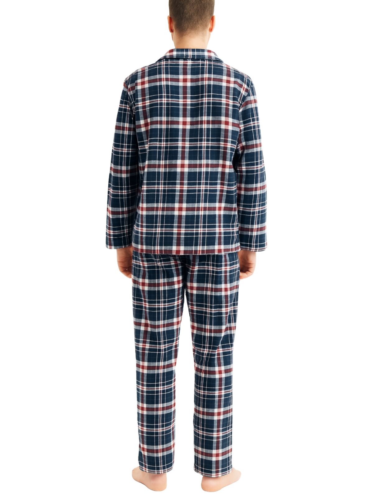 Mens Flannelette Pyjama Set Sleepwear Soft 100% Cotton PJs Two Piece - Navy/Red Check