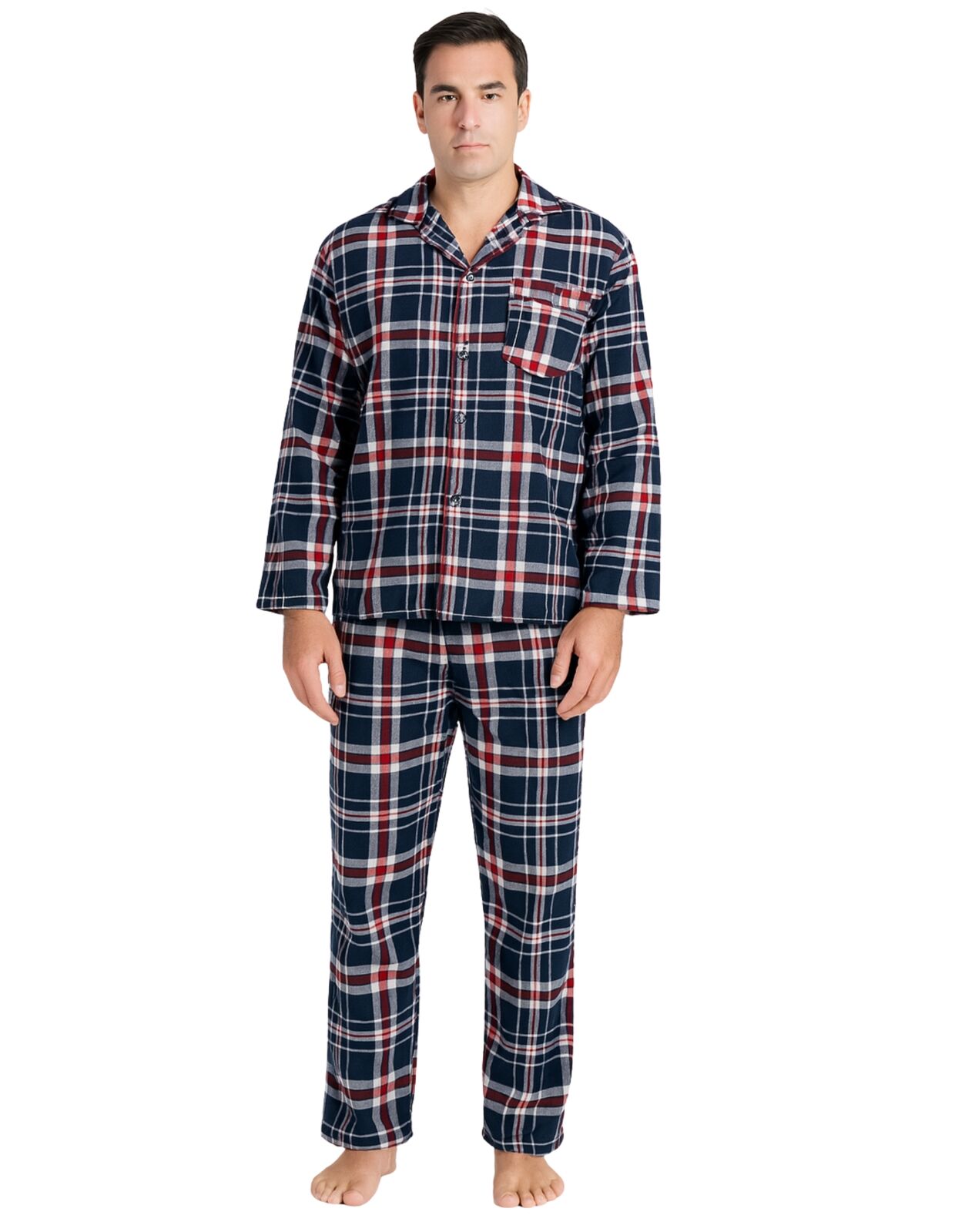 Mens Flannelette Pyjama Set Sleepwear Soft 100% Cotton PJs Two Piece - Navy/Red Check