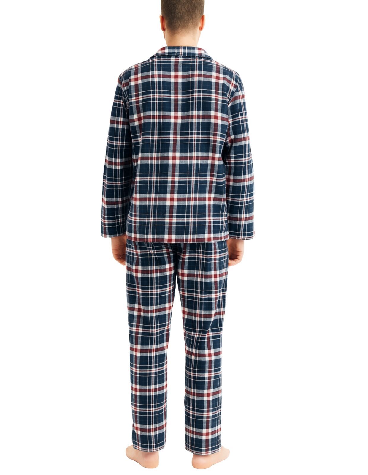 Mens Flannelette Pyjama Set Sleepwear Soft 100% Cotton PJs Two Piece - Navy/Red Check