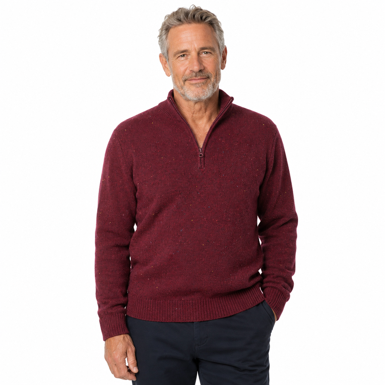 LAMBS WOOL KNIT JUMPER Pullover Mens Sweater Knitted Half Zip Crew Neck - Half Zip in Deep Red