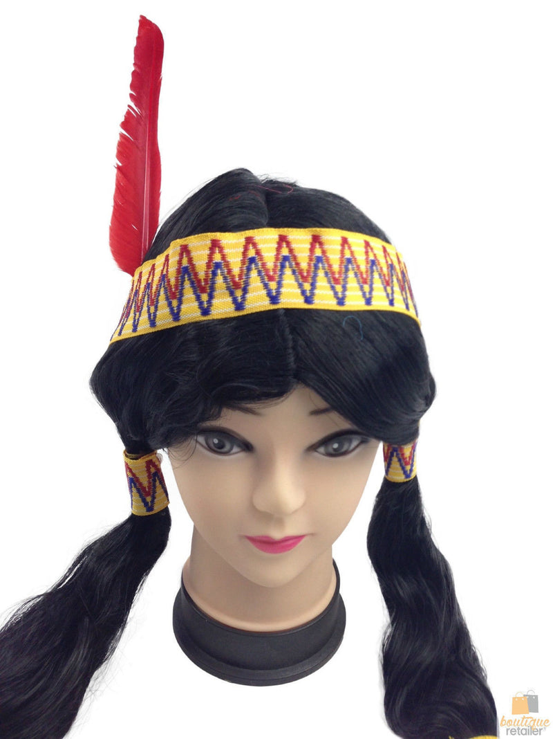 Womens Native American Wig w/ Red Feather Pigtail Indian Party Costume Hair