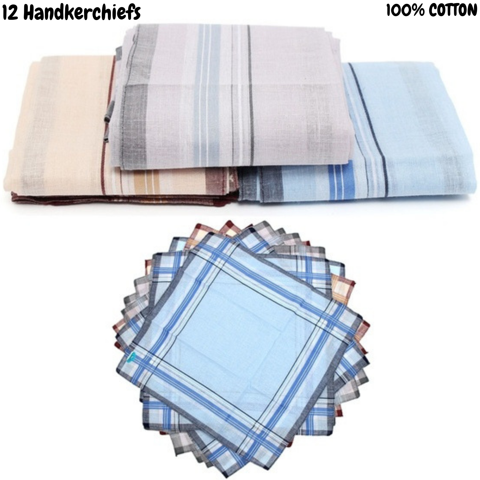 Mens HANDKERCHIEFS 100% Cotton Pocket Square Hanky Handkerchief 35x35cm - 12 Hankies