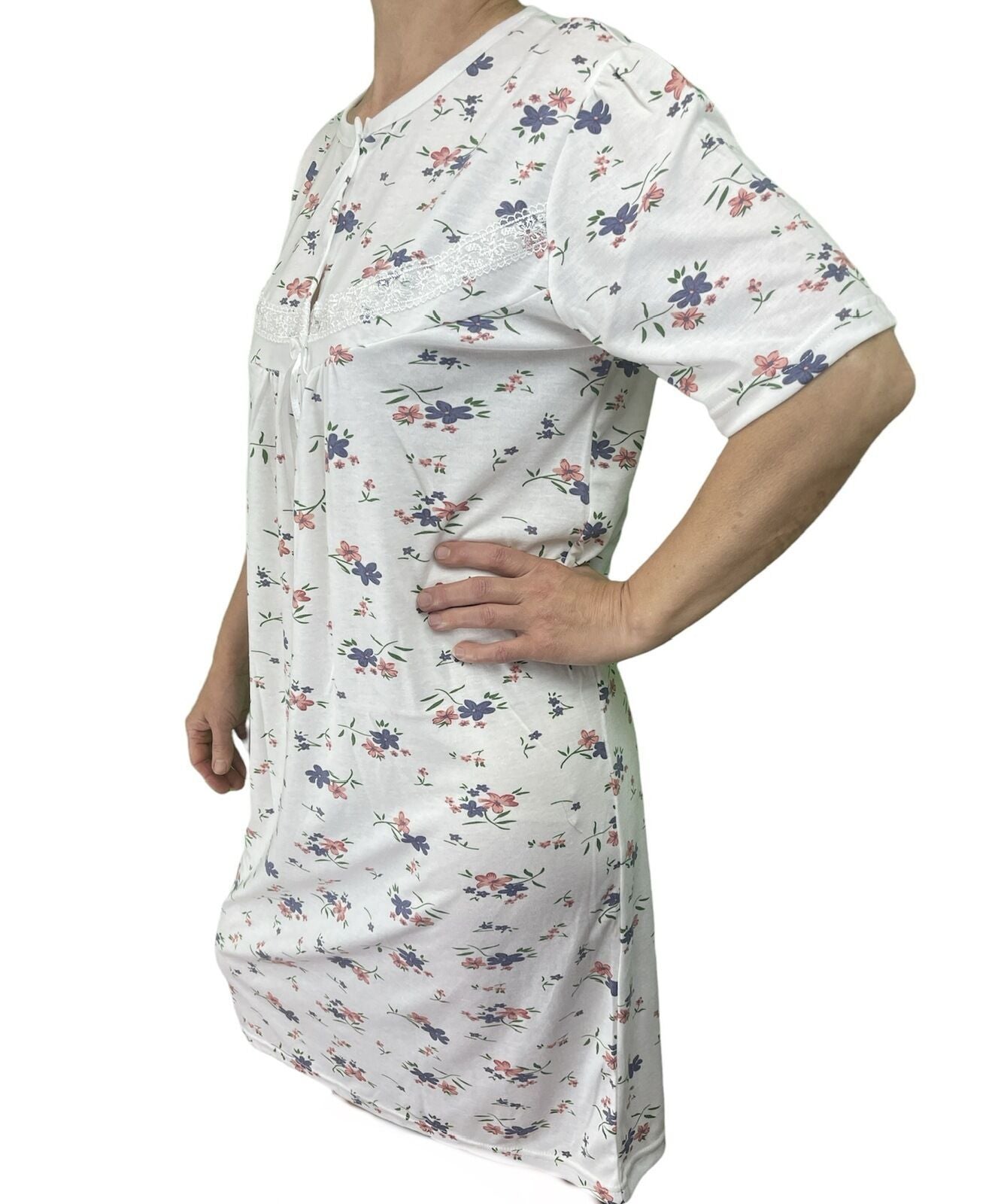 Womens Ladies Cotton Nightie Night Gown Slip Petticoat PJs Sleepwear Dress - White/Pink