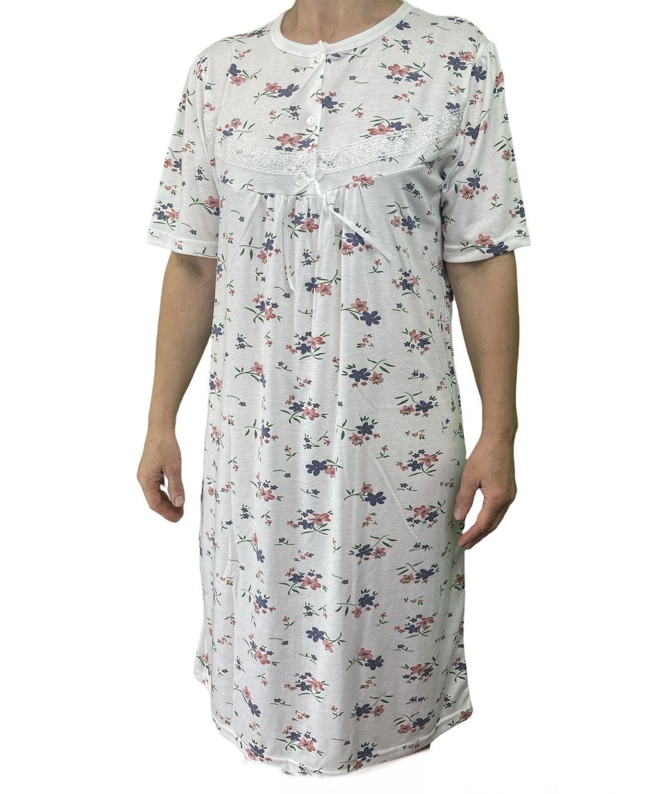 Womens Ladies Cotton Nightie Night Gown Slip Petticoat PJs Sleepwear Dress - White/Pink