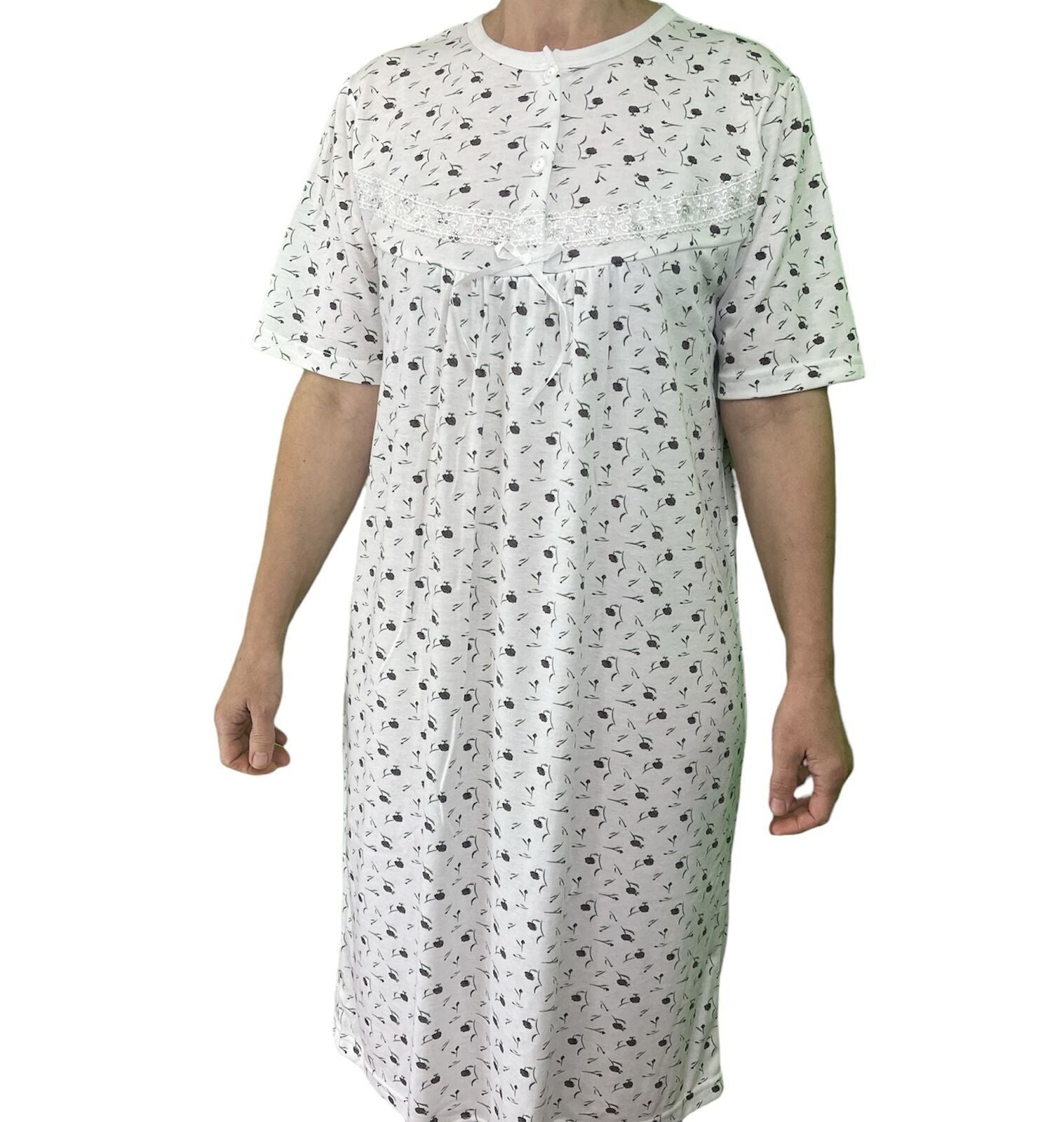 Womens Ladies Cotton Nightie Night Gown Slip Petticoat PJs Sleepwear Dress - White/Purple