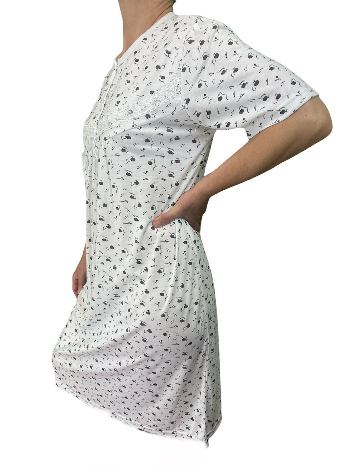 Womens Ladies Cotton Nightie Night Gown Slip Petticoat PJs Sleepwear Dress - White/Purple