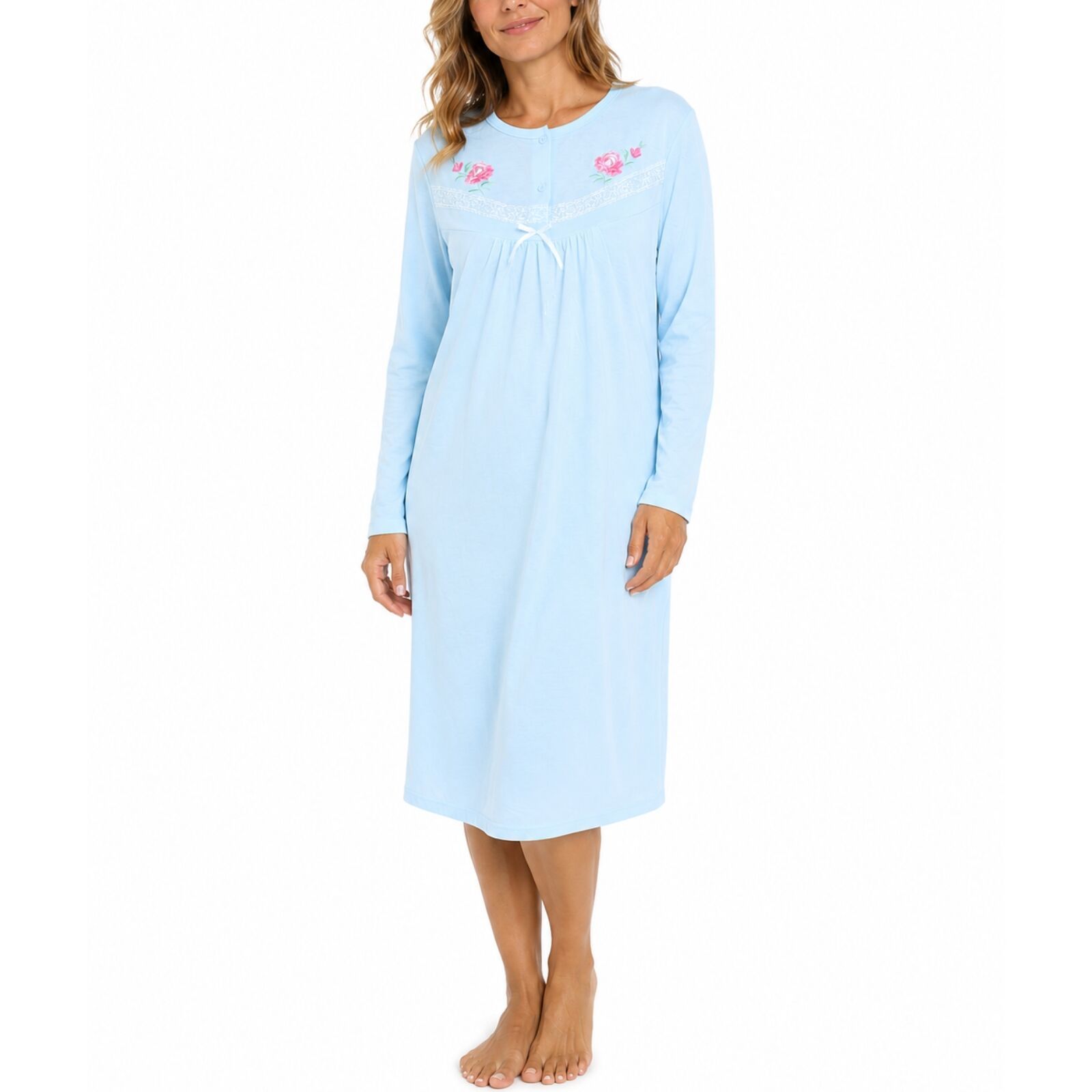 Womens Cotton Nightie Long Sleeve Night Gown Pyjamas Sleepwear Lace PJ - Blue