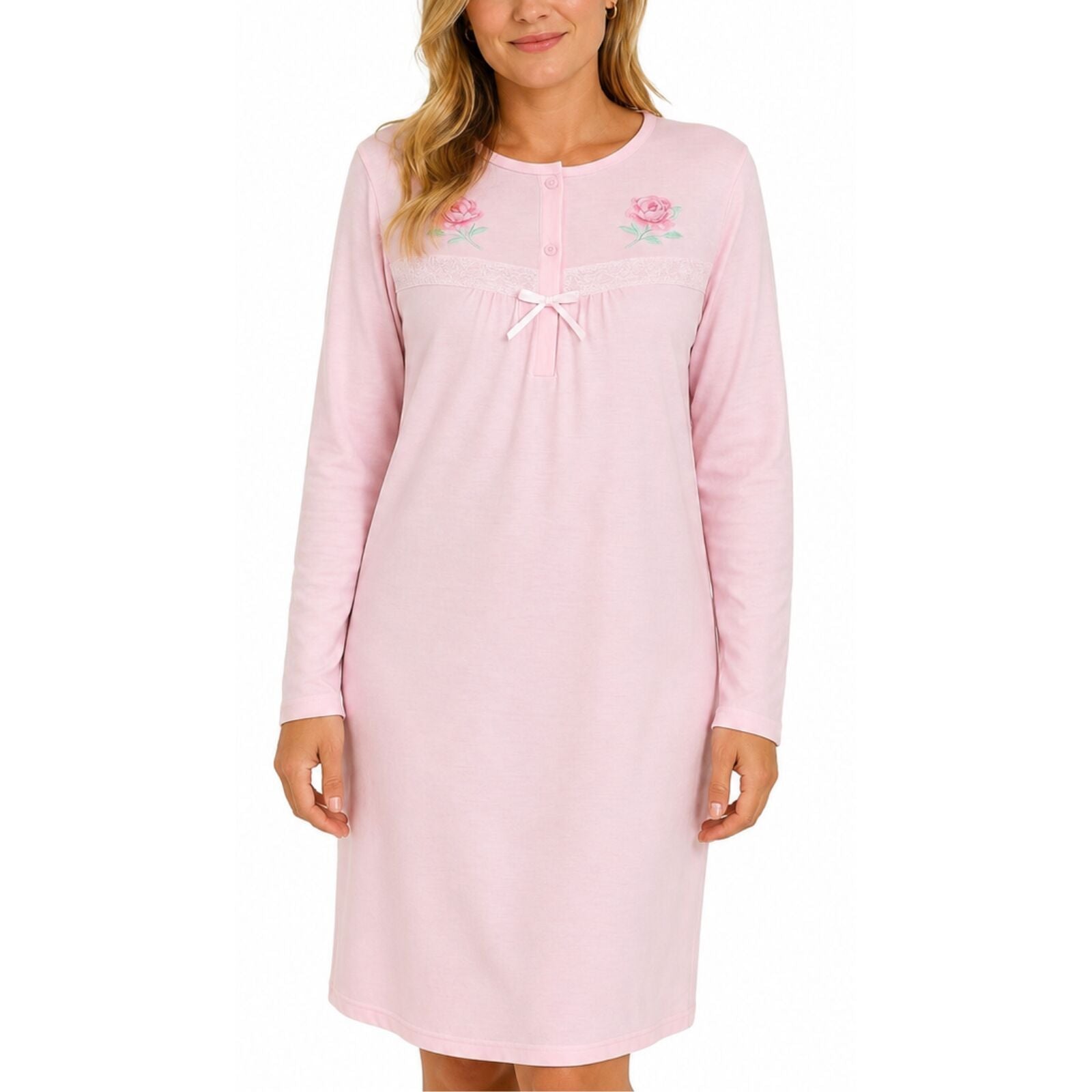 Womens Cotton Nightie Long Sleeve Night Gown Pyjamas Sleepwear Lace PJ - Pink