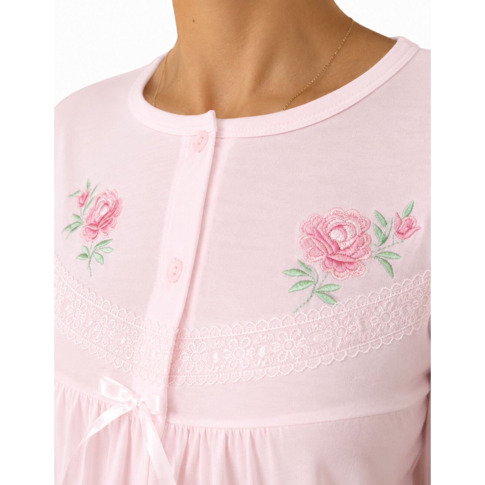 Womens Cotton Nightie Long Sleeve Night Gown Pyjamas Sleepwear Lace PJ - Pink